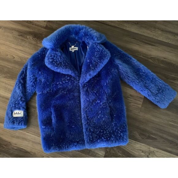 JAKKE Anthropologie 100% Fake Fur GRAPHIC Fuzzy BLUE Coat Jacket sz 2 - Picture 2 of 10